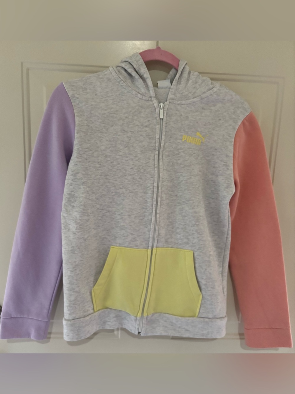 Puma Heather Gray Zip Hoodie with Lavender and Peach Sleeves girls 16